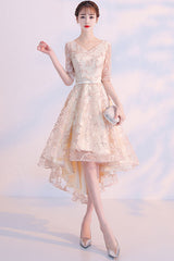 Champagne Homecoming Dress Lace High Low Evening Prom Dress