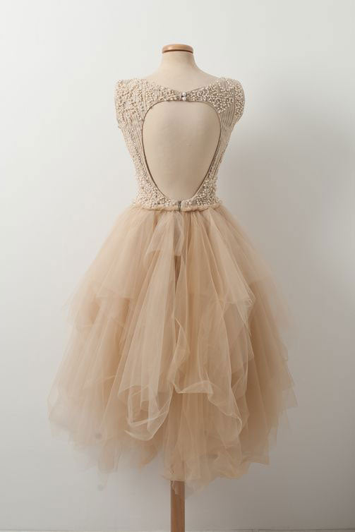 Champagne Homecoming Dress Tulle Beaded Short Party Cocktail Dress