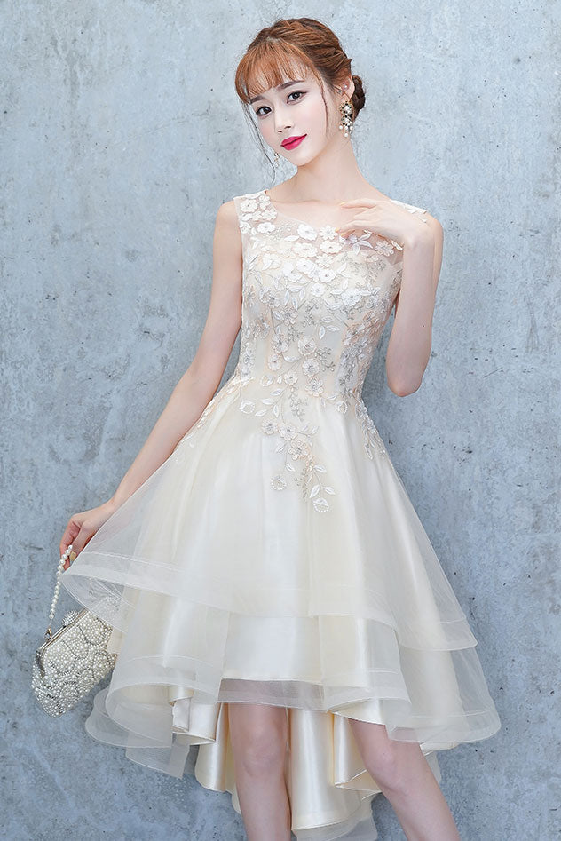 Champagne Homecoming Dress Tulle Lace High Low Short Party Cocktail Dress