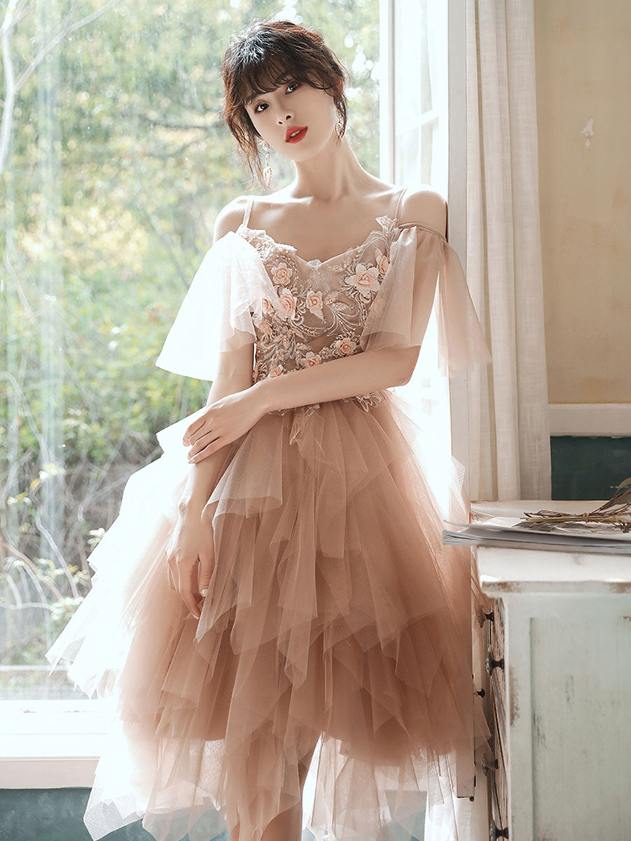 Champagne Homecoming Dress Tulle Lace Short Party Cocktail Dress