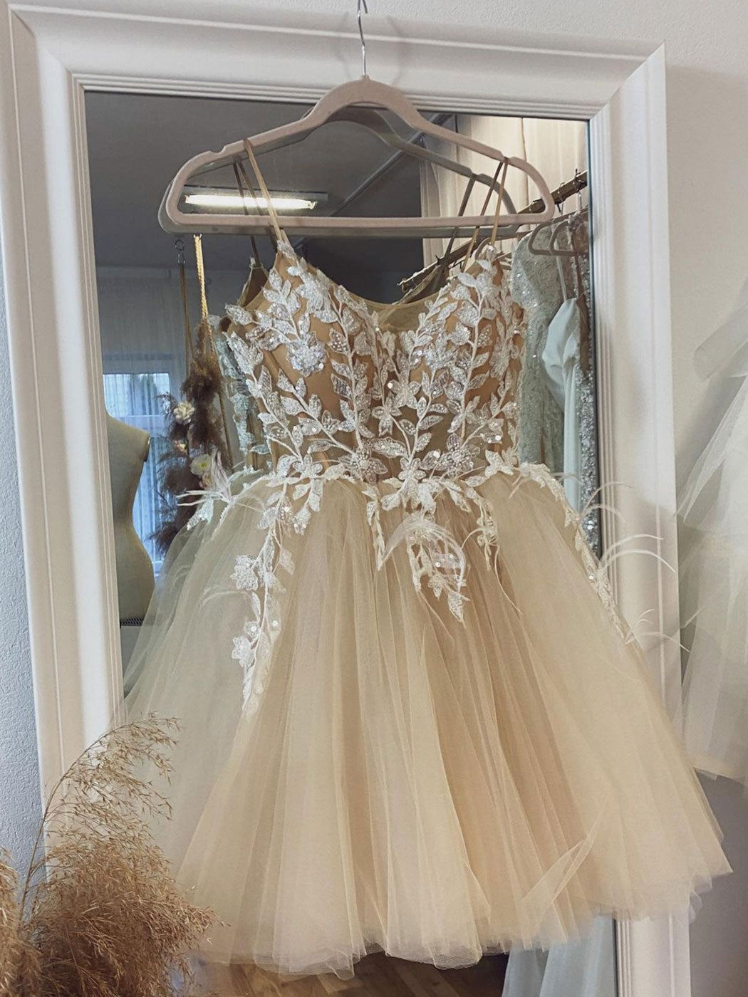 Champagne Homecoming Dress Tulle Lace Short Party Cocktail Dress