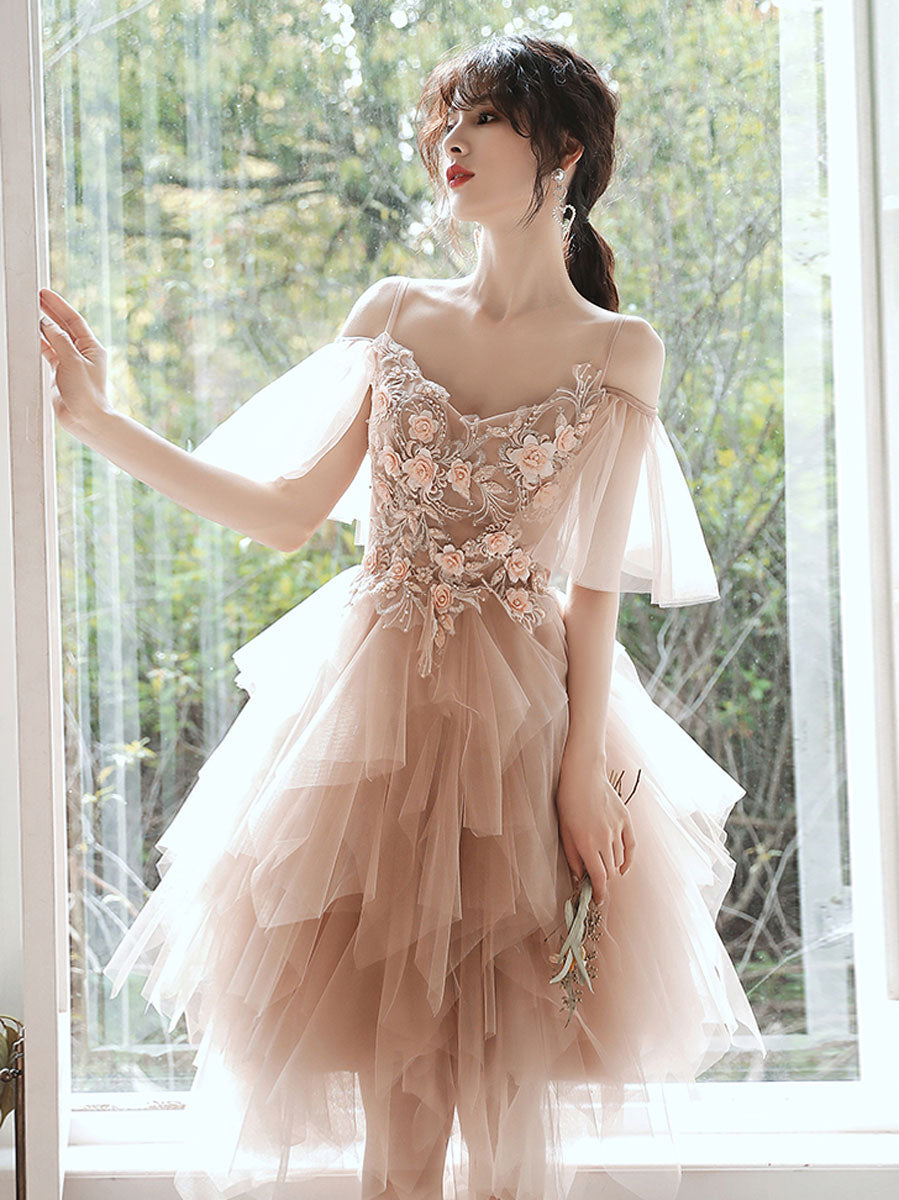 Champagne Homecoming Dress Tulle Lace Short Party Cocktail Dress