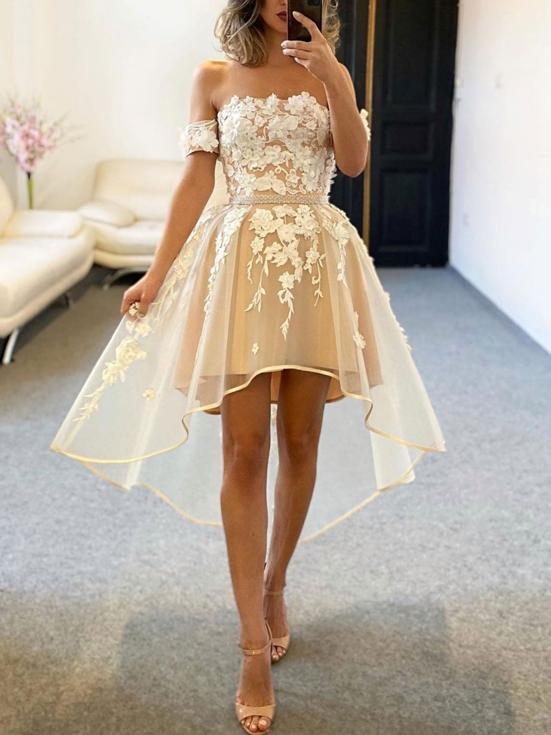 Champagne Homecoming Dress Tulle Off Shoulder Lace High Low Short Party Cocktail Dress