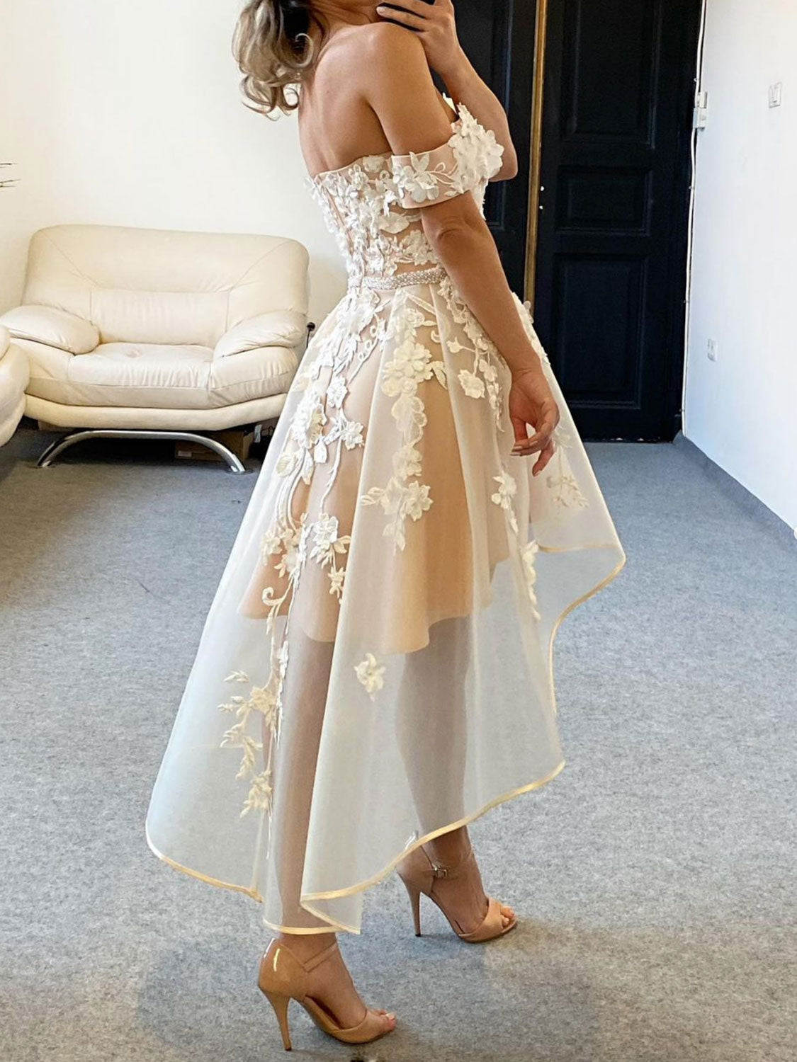 Champagne Homecoming Dress Tulle Off Shoulder Lace High Low Short Party Cocktail Dress