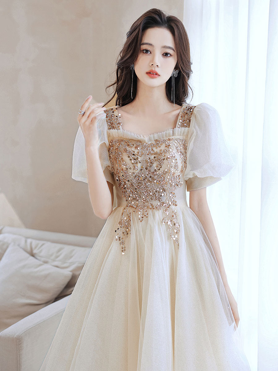 Champagne Homecoming Dress Tulle Sequin Short Tea Length Cocktail Dress