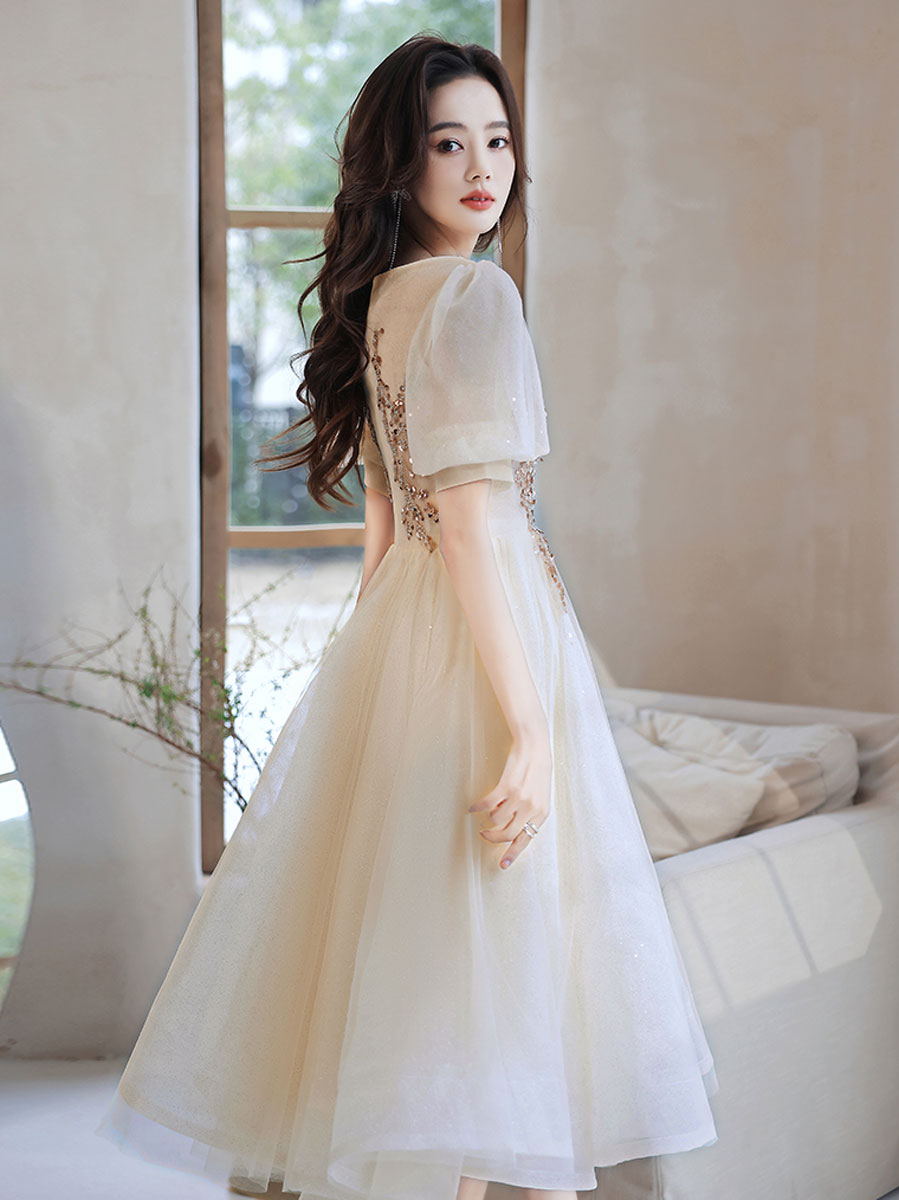 Champagne Homecoming Dress Tulle Sequin Short Tea Length Cocktail Dress