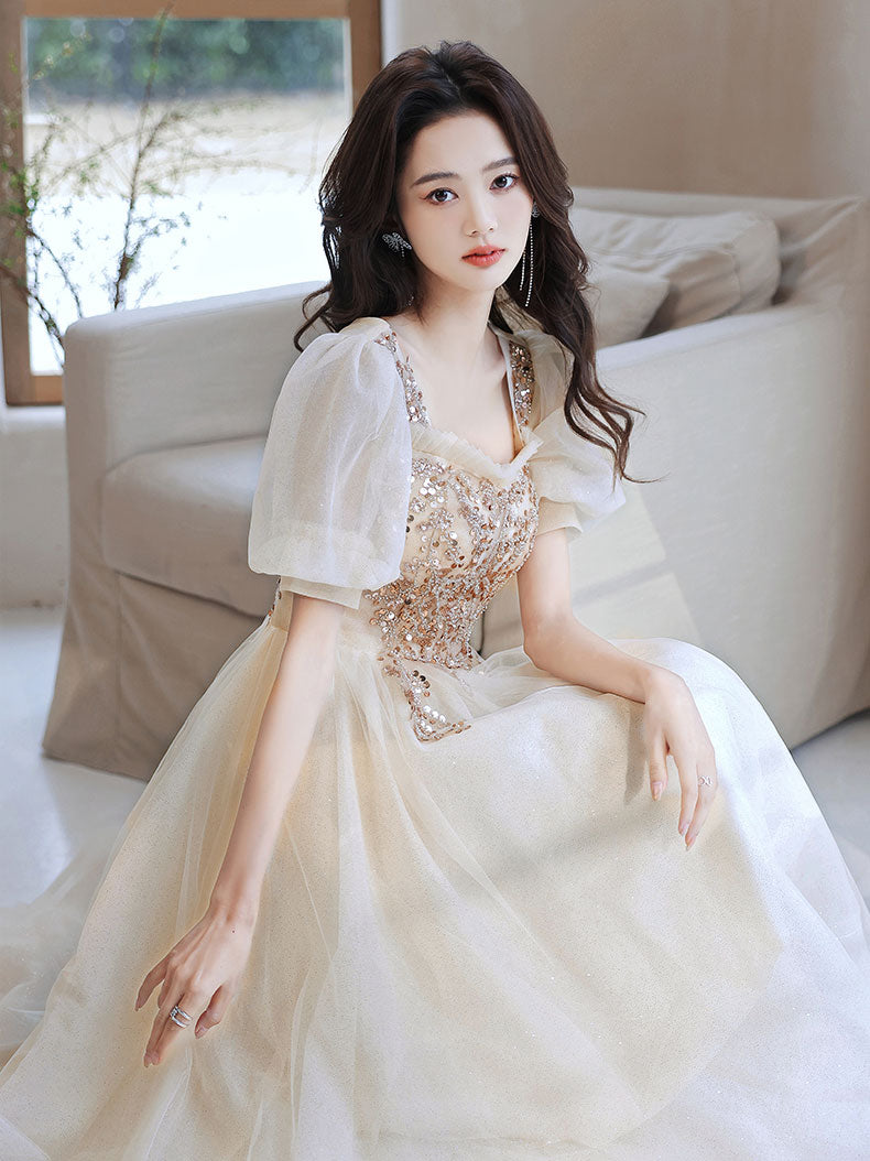 Champagne Homecoming Dress Tulle Sequin Short Tea Length Cocktail Dress