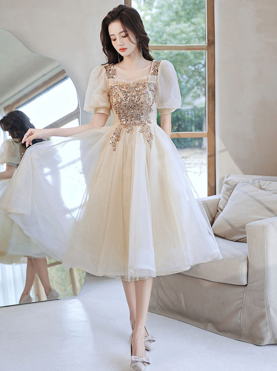 Champagne Homecoming Dress Tulle Sequin Short Tea Length Cocktail Dress