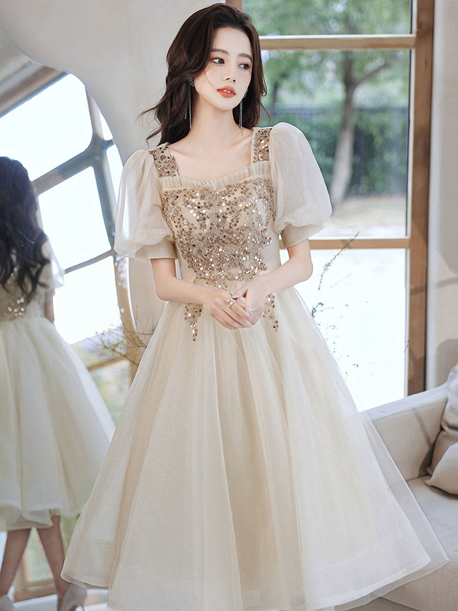 Champagne Homecoming Dress Tulle Sequin Short Tea Length Cocktail Dress