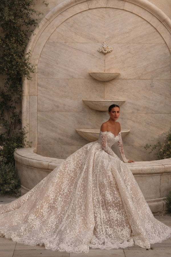 Champagne Lace A Line Wedding Dress with Off Shoulder Long Sleeves