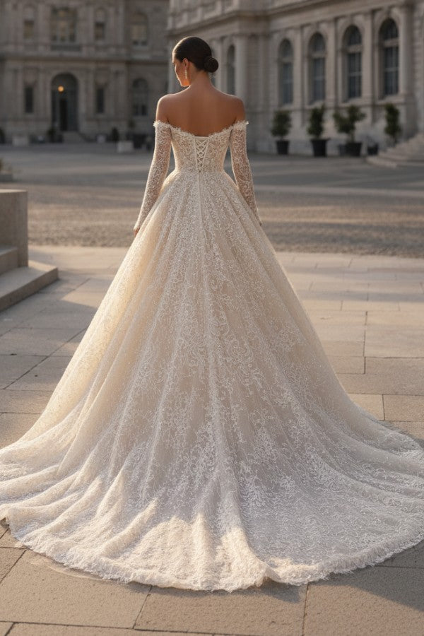 Champagne Lace A Line Wedding Dress with Off Shoulder Long Sleeves
