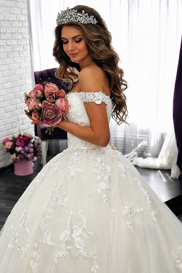 Champagne Lace Ball Gown Wedding Dress with Off Shoulder Straps and Long Train