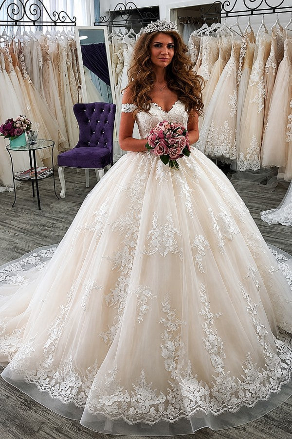 Champagne Lace Ball Gown Wedding Dress with Off Shoulder Straps and Long Train