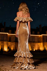 Dressystars Champagne Mermaid Off The Shoulder Long Velvet Holiday Party Dress With Ruffles
