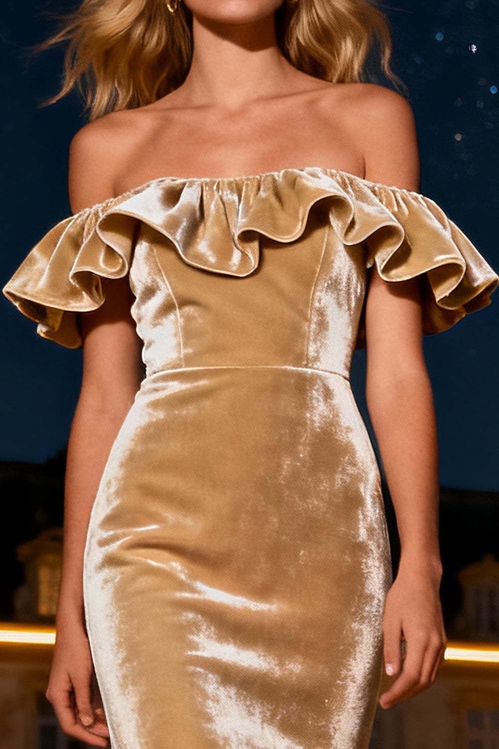 Dressystars Champagne Mermaid Off The Shoulder Long Velvet Holiday Party Dress With Ruffles