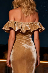 Dressystars Champagne Mermaid Off The Shoulder Long Velvet Holiday Party Dress With Ruffles