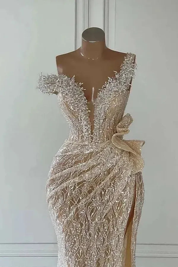 Champagne Mermaid Prom Dress Cap Sleeve Asymmetric Formal Dress With Lace Appliques