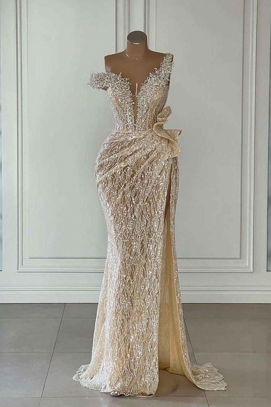 Champagne Mermaid Prom Dress Cap Sleeve Asymmetric Formal Dress With Lace Appliques