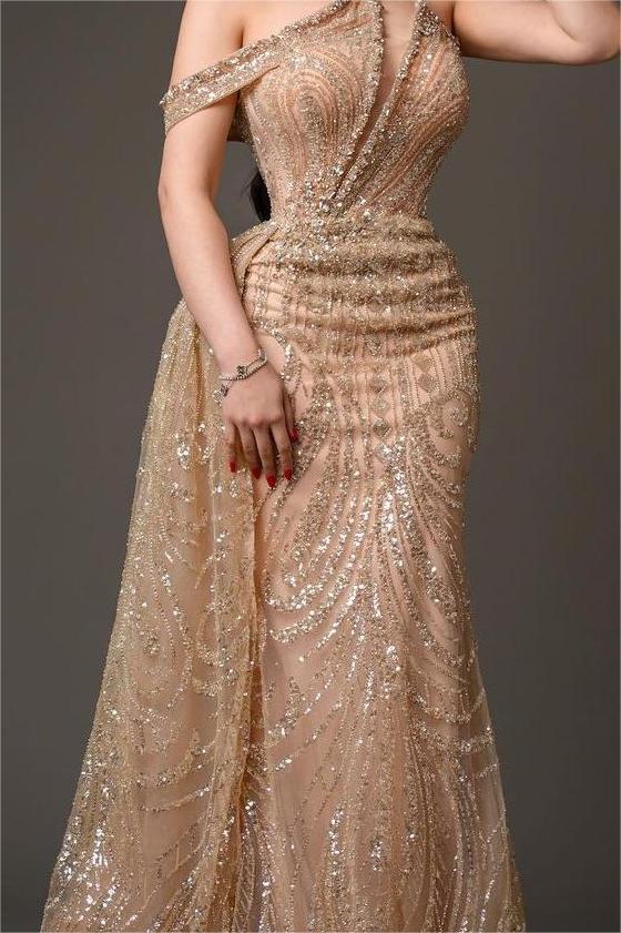 Champagne Mermaid Prom Dress Cap Sleeve Asymmetric Neck Formal Dress With Beadings and Rhinestones