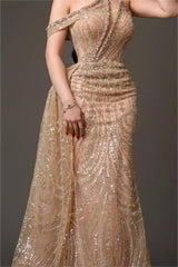 Champagne Mermaid Prom Dress Cap Sleeve Asymmetric Neck Formal Dress With Beadings and Rhinestones
