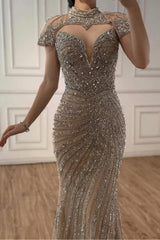 Champagne Mermaid Prom Dress Cap Sleeve High Neck Formal Dress With Sequins