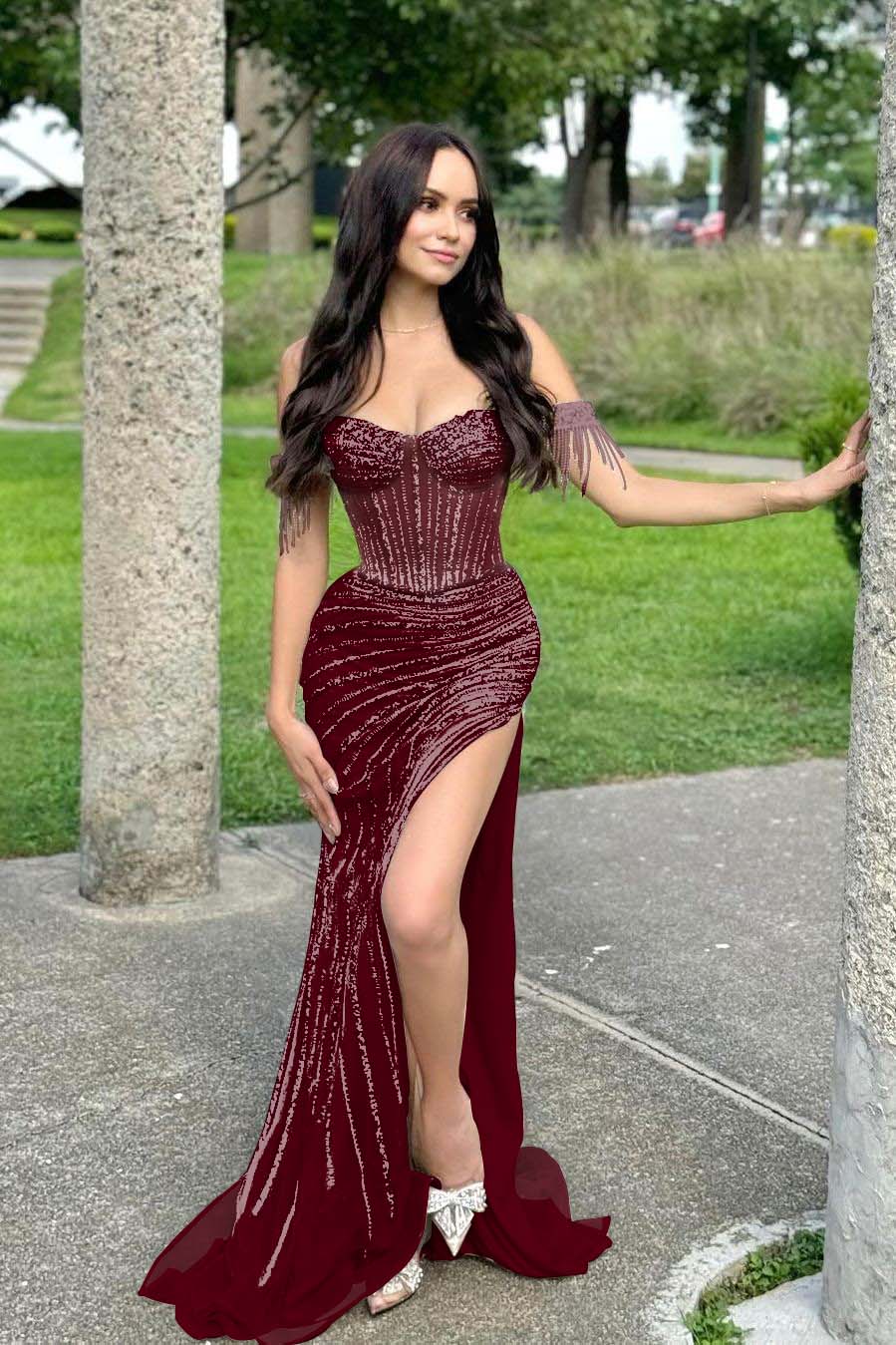 Champagne Mermaid Prom Dress Cap Sleeve Off the Shoulder Formal Dress With Beadings and Rhinestones