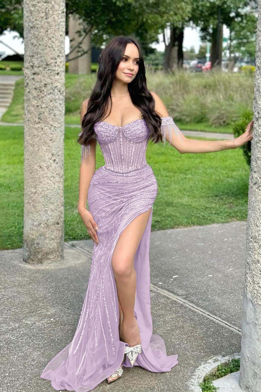Champagne Mermaid Prom Dress Cap Sleeve Off the Shoulder Formal Dress With Beadings and Rhinestones