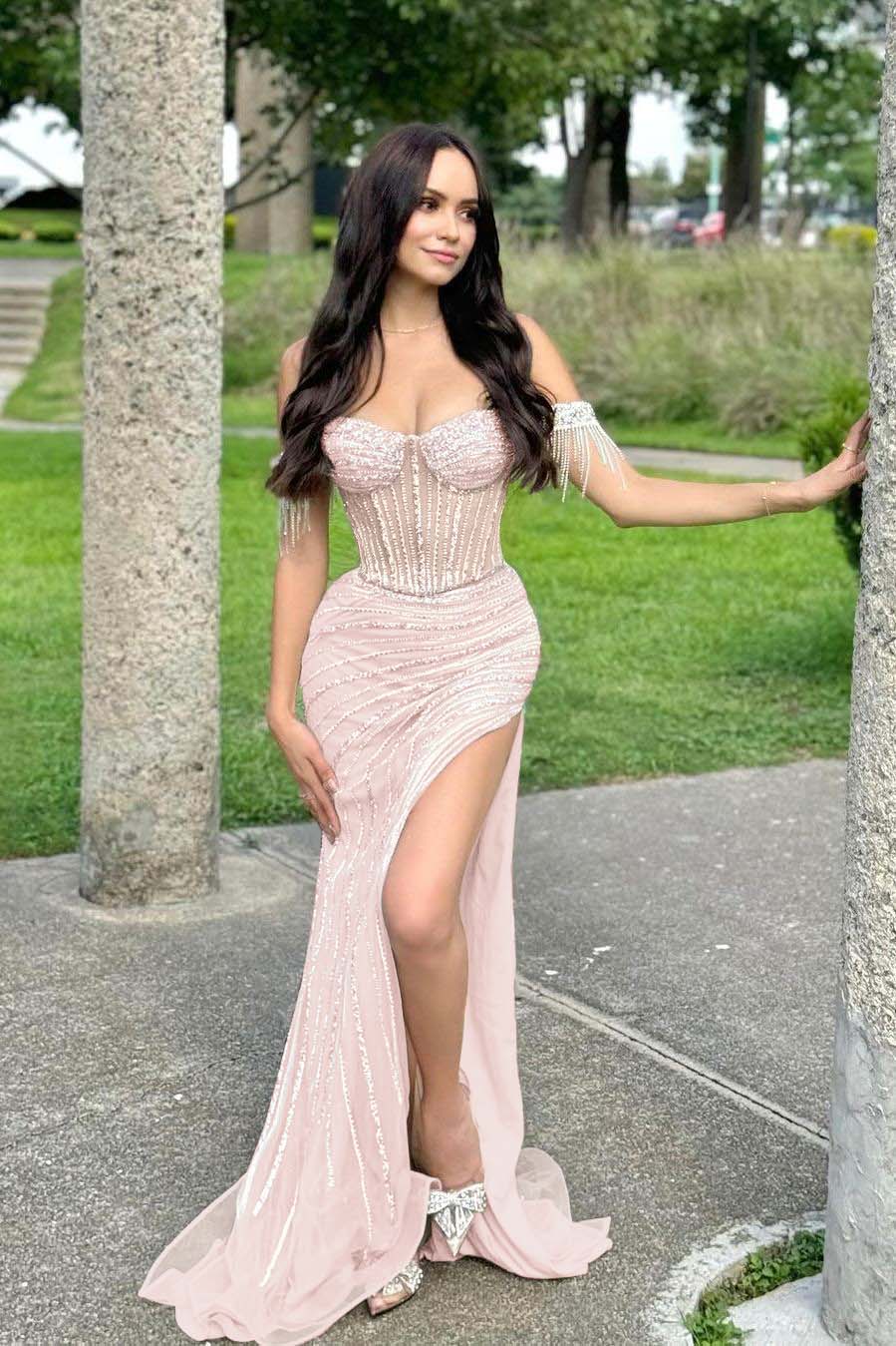 Champagne Mermaid Prom Dress Cap Sleeve Off the Shoulder Formal Dress With Beadings and Rhinestones