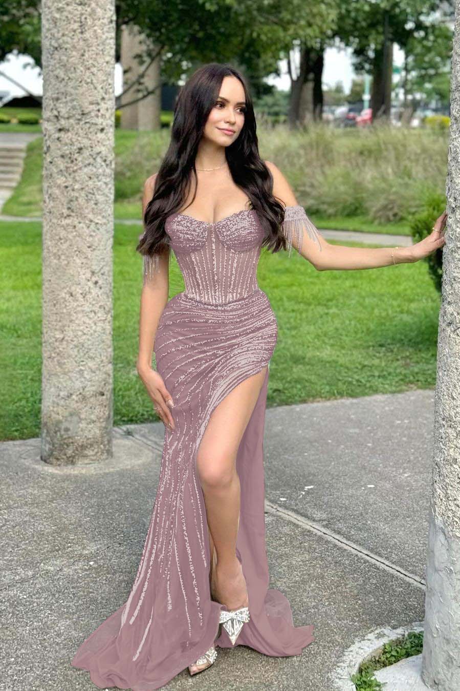 Champagne Mermaid Prom Dress Cap Sleeve Off the Shoulder Formal Dress With Beadings and Rhinestones