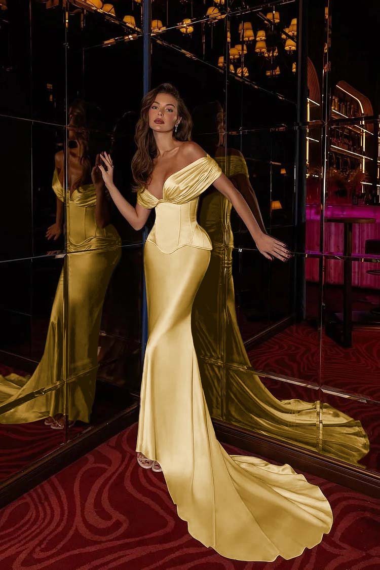 Champagne Mermaid Prom Dress Cap Sleeve Off the Shoulder Satin Formal Dress