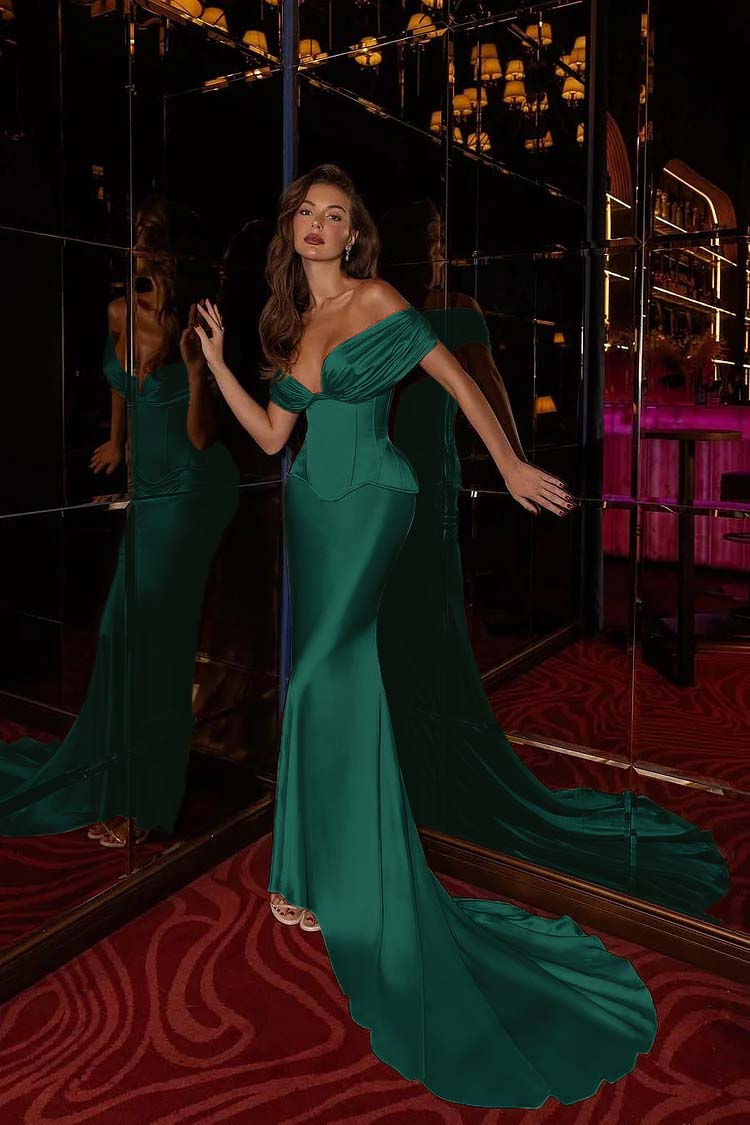 Champagne Mermaid Prom Dress Cap Sleeve Off the Shoulder Satin Formal Dress