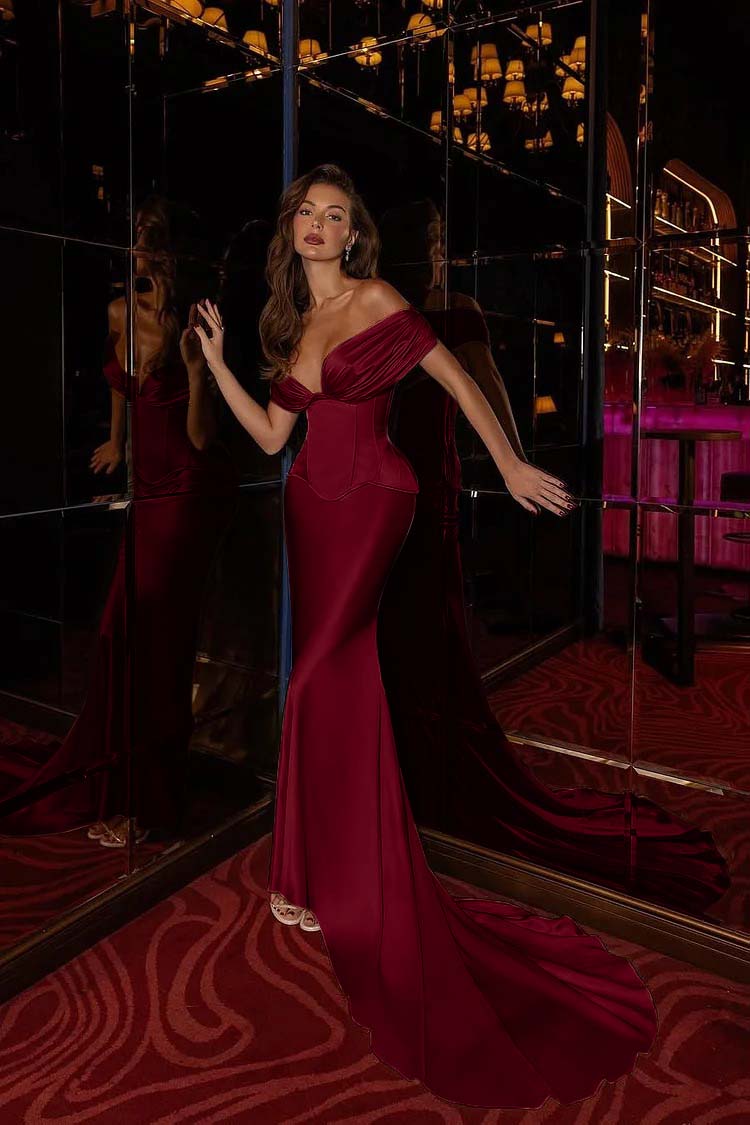 Champagne Mermaid Prom Dress Cap Sleeve Off the Shoulder Satin Formal Dress