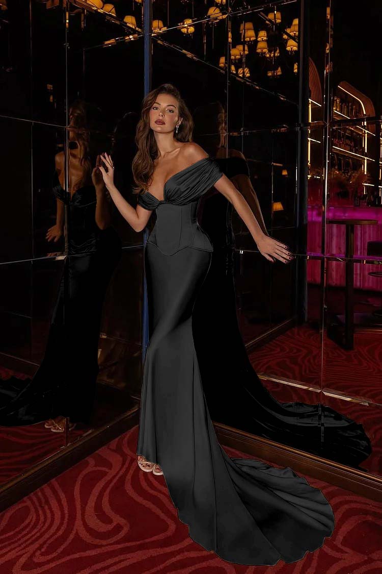 Champagne Mermaid Prom Dress Cap Sleeve Off the Shoulder Satin Formal Dress