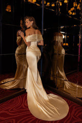 Champagne Mermaid Prom Dress Cap Sleeve Off the Shoulder Satin Formal Dress
