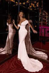 Champagne Mermaid Prom Dress Cap Sleeve Off the Shoulder Satin Formal Dress