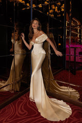 Champagne Mermaid Prom Dress Cap Sleeve Off the Shoulder Satin Formal Dress