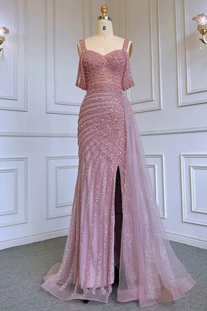Champagne Mermaid Prom Dress Cap Sleeve Straps Formal Dress With Beadings and Rhinestones