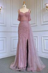 Champagne Mermaid Prom Dress Cap Sleeve Straps Formal Dress With Beadings and Rhinestones