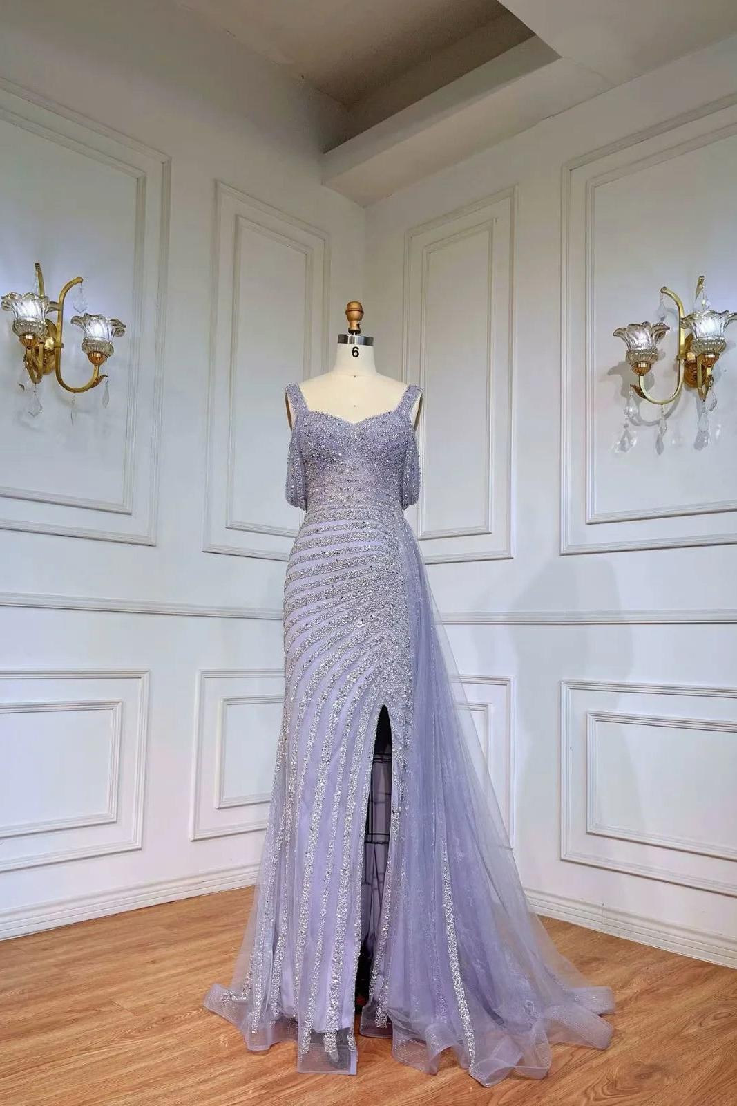 Champagne Mermaid Prom Dress Cap Sleeve Straps Formal Dress With Beadings and Rhinestones