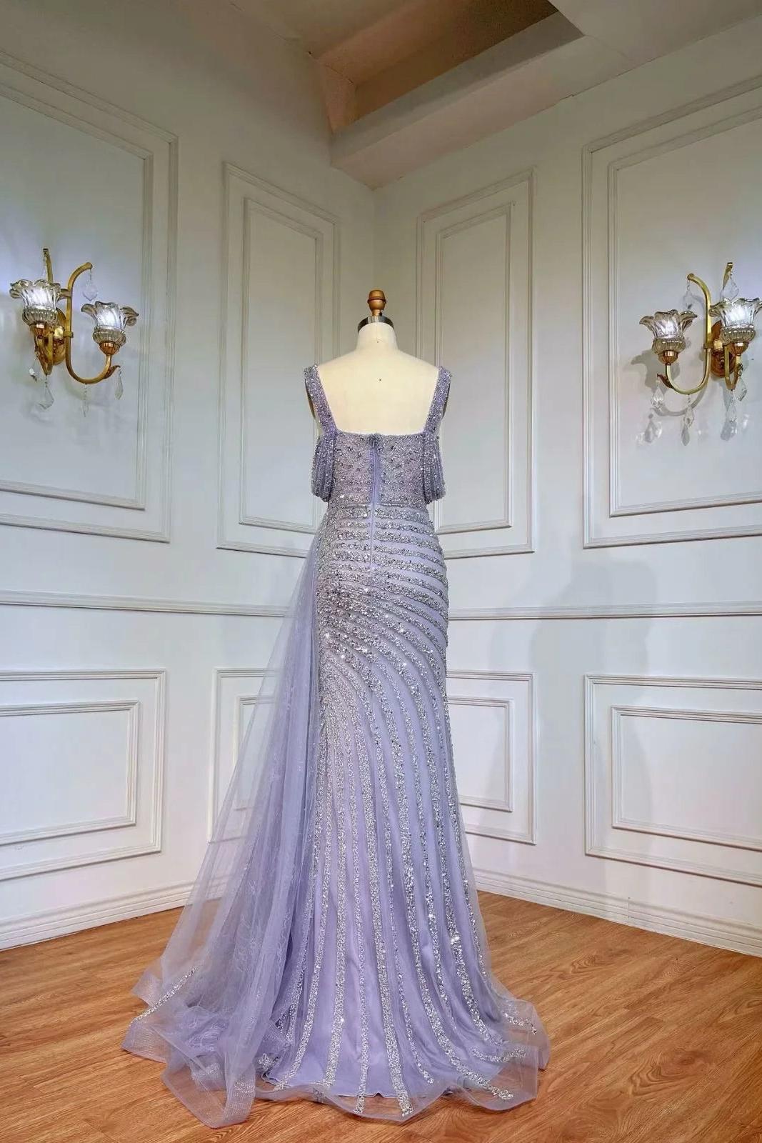 Champagne Mermaid Prom Dress Cap Sleeve Straps Formal Dress With Beadings and Rhinestones
