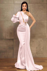 Champagne Mermaid Prom Dress Long Sleeve Asymmetric Neck Formal Dress With Beadings and Rhinestones