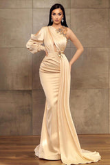 Champagne Mermaid Prom Dress Long Sleeve Asymmetric Neck Formal Dress With Beadings and Rhinestones