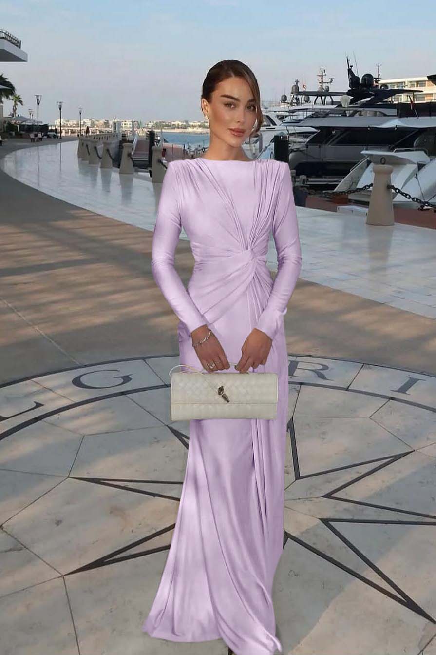 Champagne Mermaid Prom Dress Long Sleeve Bateau Neck Satin Formal Dress