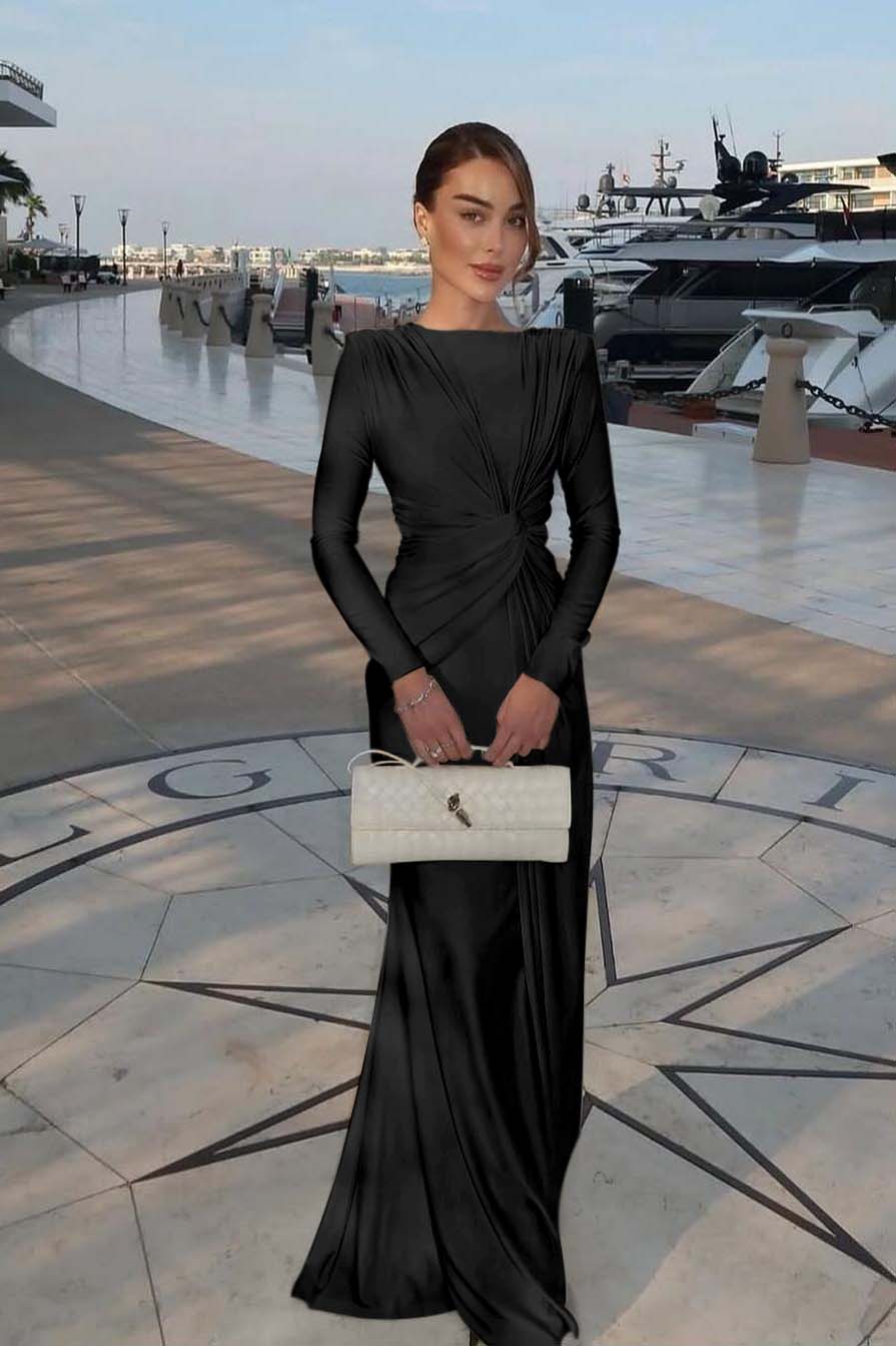 Champagne Mermaid Prom Dress Long Sleeve Bateau Neck Satin Formal Dress