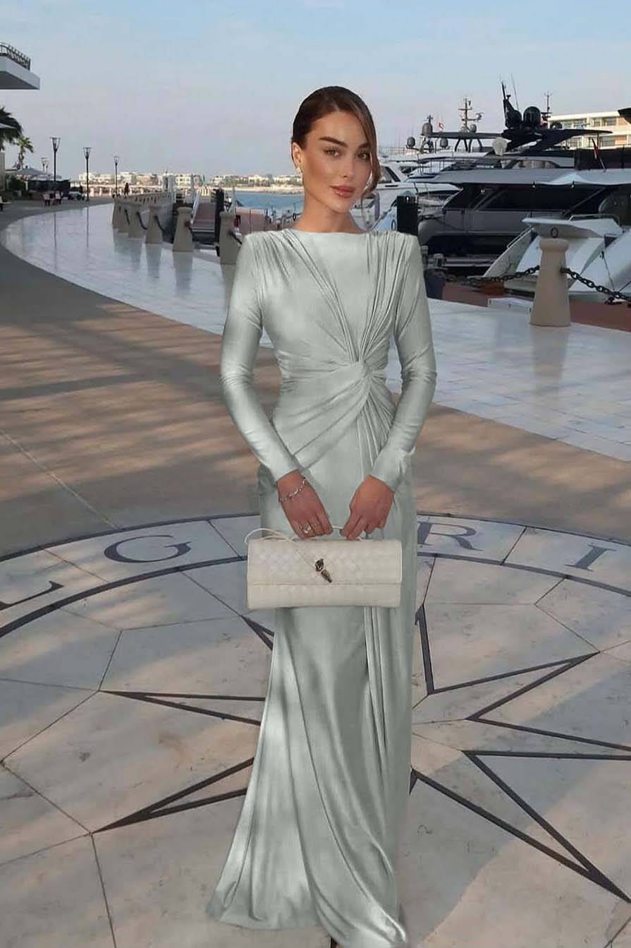 Champagne Mermaid Prom Dress Long Sleeve Bateau Neck Satin Formal Dress
