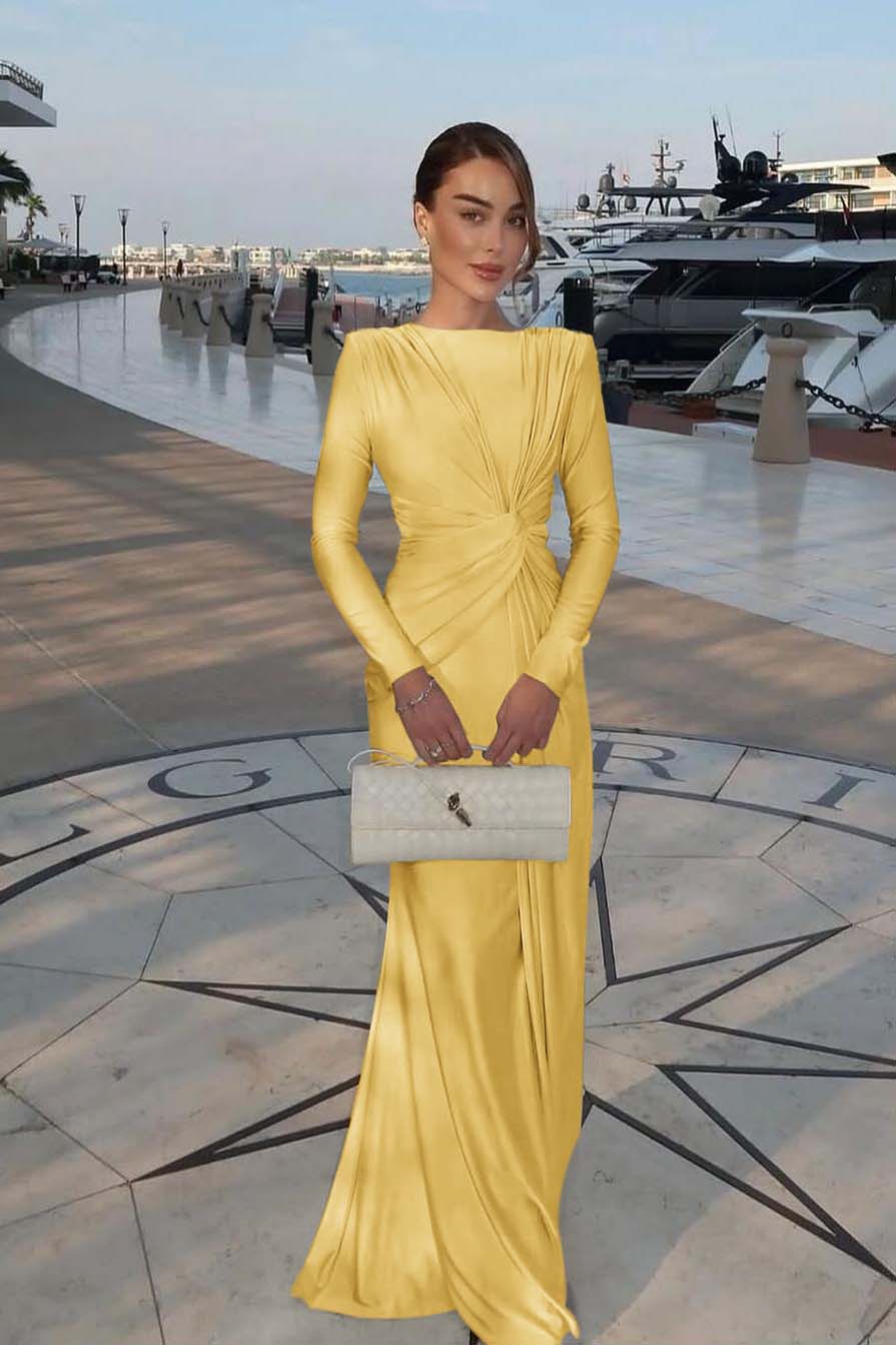 Champagne Mermaid Prom Dress Long Sleeve Bateau Neck Satin Formal Dress