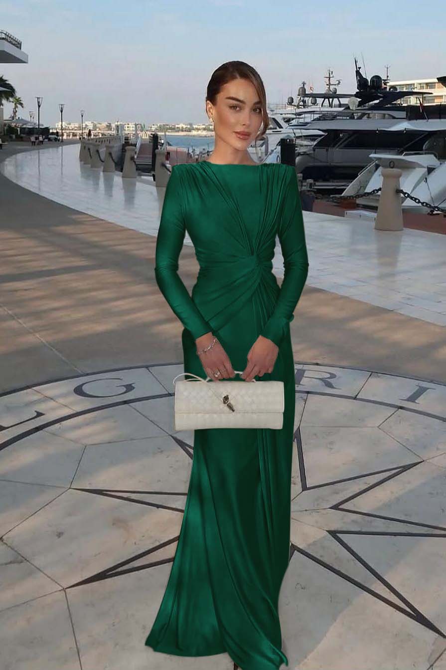 Champagne Mermaid Prom Dress Long Sleeve Bateau Neck Satin Formal Dress