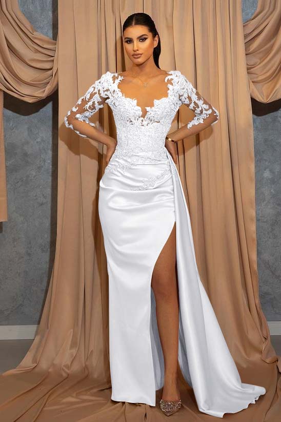 Champagne Mermaid Prom Dress Long Sleeve Crew Neck Formal Dress With Lace Appliques