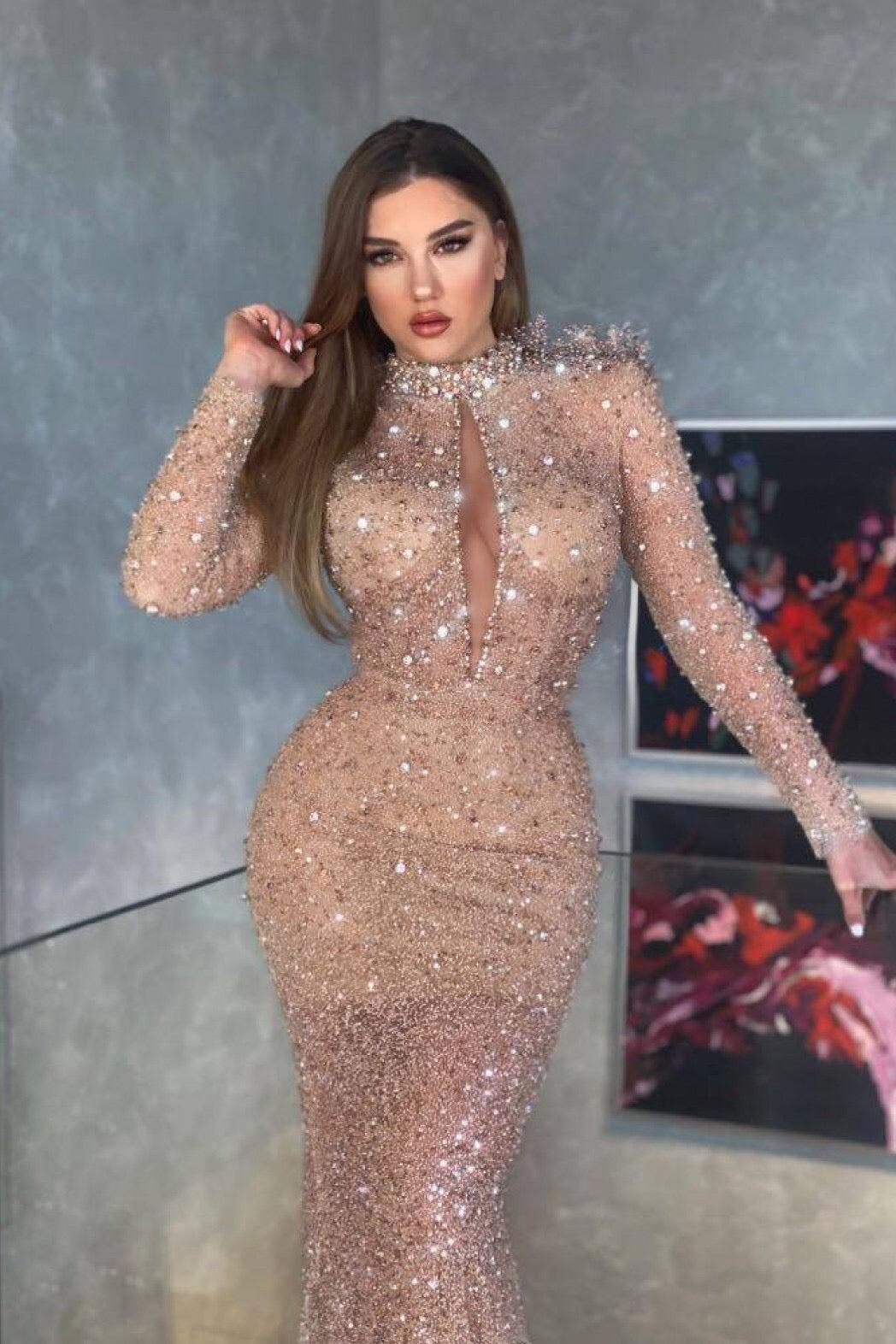 Champagne Mermaid Prom Dress Long Sleeve High Neck Formal Dress With Sequins
