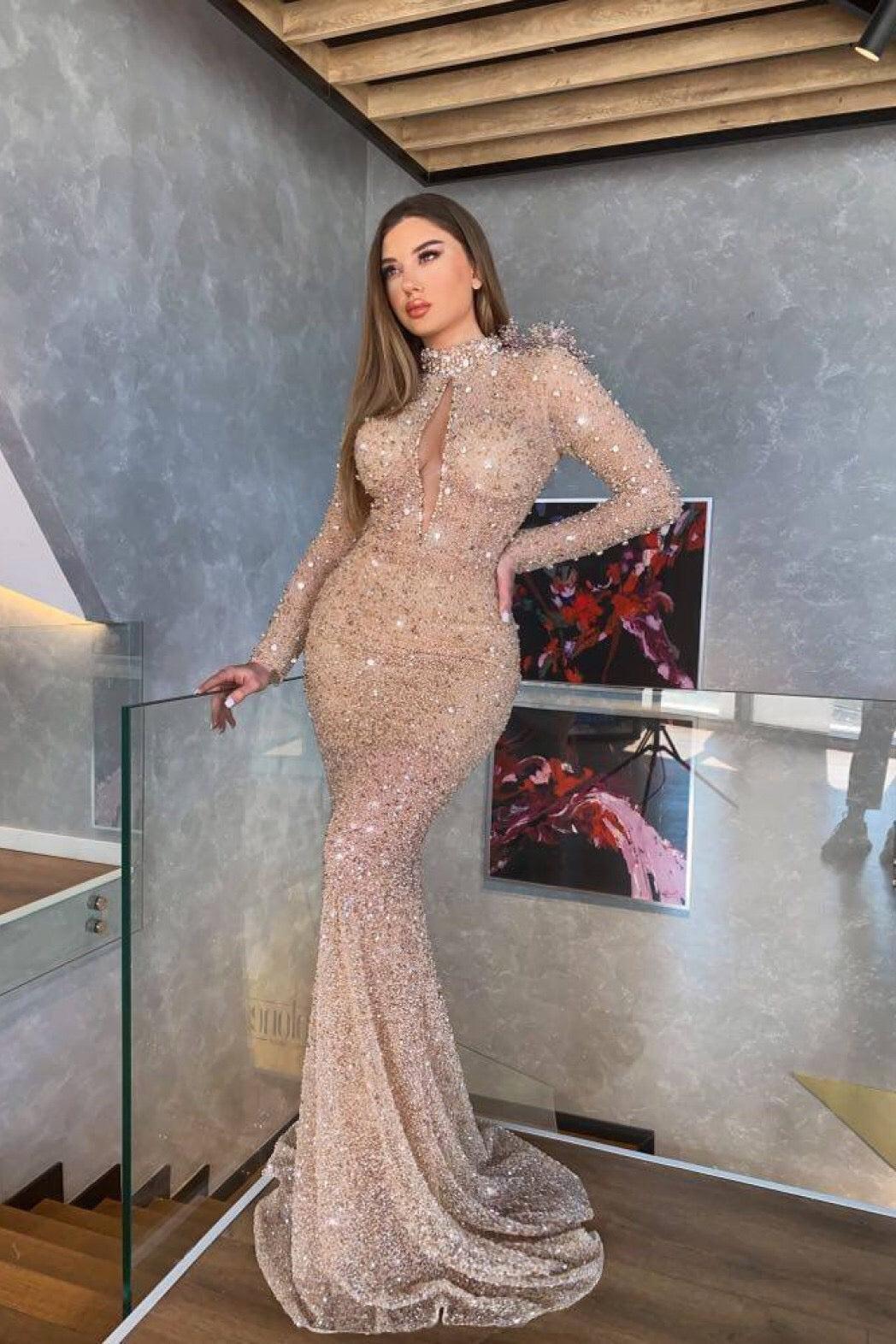 Champagne Mermaid Prom Dress Long Sleeve High Neck Formal Dress With Sequins